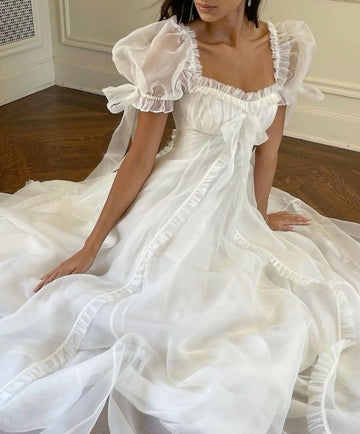 White Cute A Line Puff Organza Long Prom Dress Party Dress Birthday Dress HZ1023